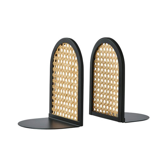 Handcrafted Rattan and Black Metal Arched Decorative Tabletop Bookends