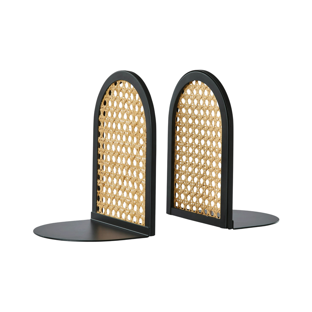 Handcrafted Rattan and Black Metal Arched Decorative Tabletop Bookends