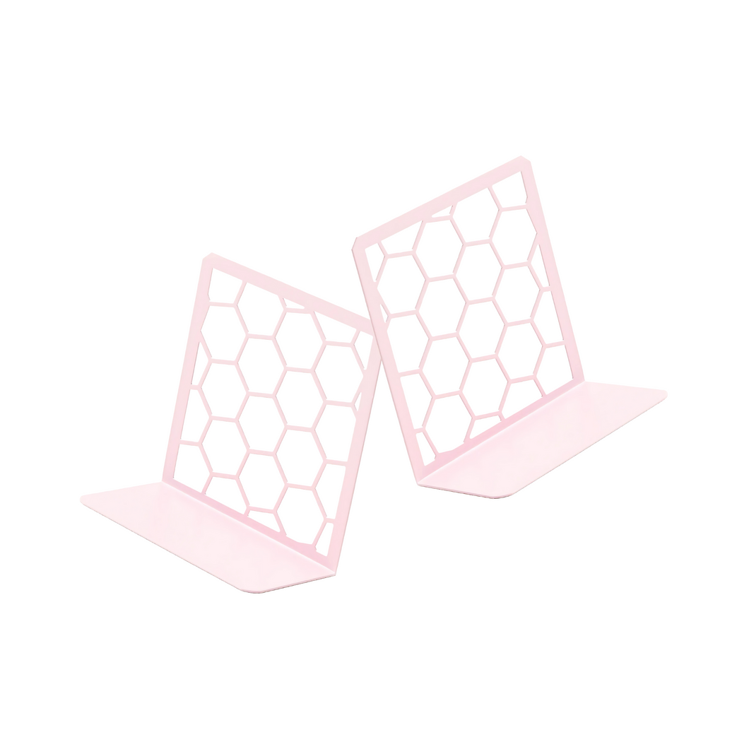Pink Geometric Honeycomb Metal Bookends for Modern Desk Bookshelf