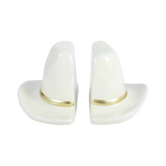 White Ceramic Cowboy Hat Bookends Rustic Western Decorative Bookshelf Organizer