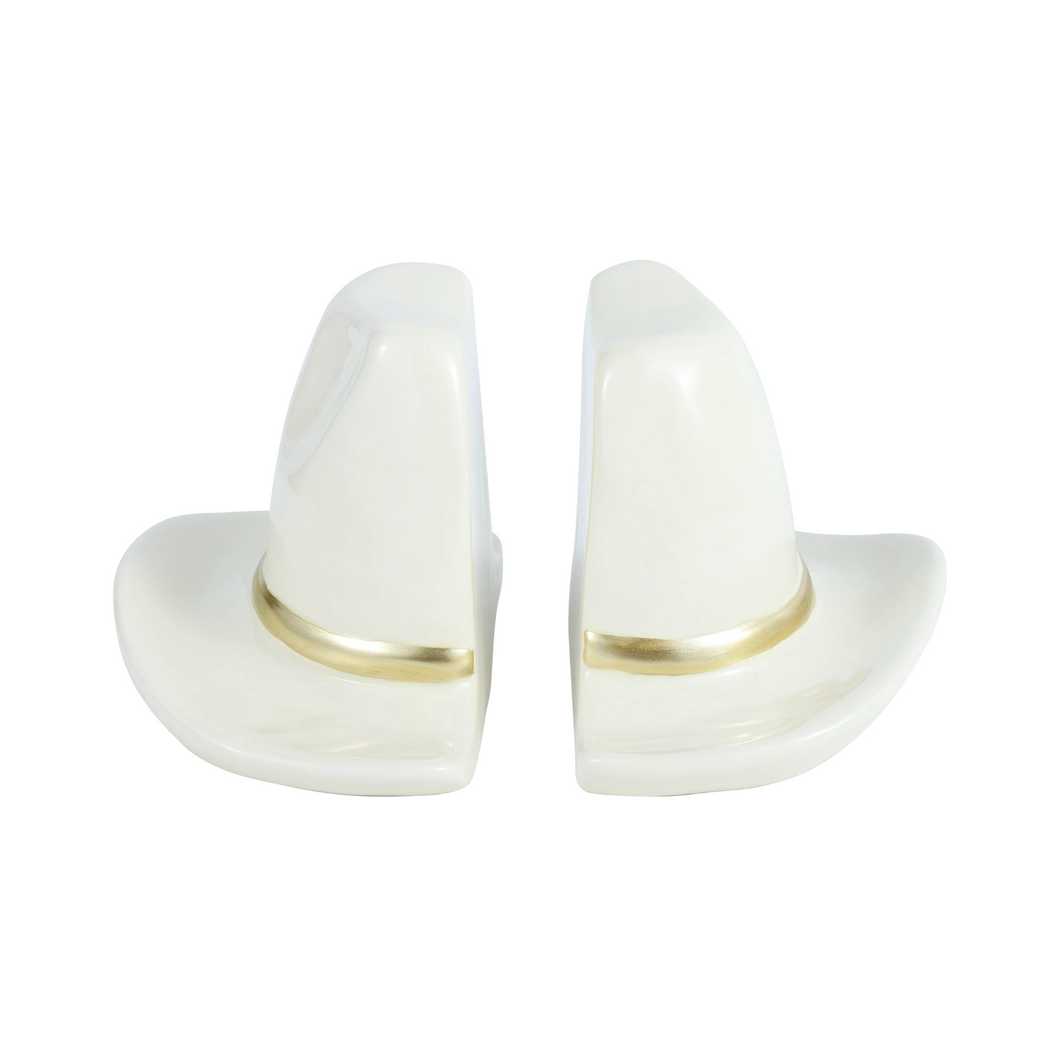 White Ceramic Cowboy Hat Bookends Rustic Western Decorative Bookshelf Organizer